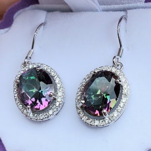 Mystic Topaz Earrings, See Video For Rainbow Sparkle! 8x10mm Genuine Topaz, Crystal Halo 925 Sterling Silver Ear Wire, Velvet Shell Box