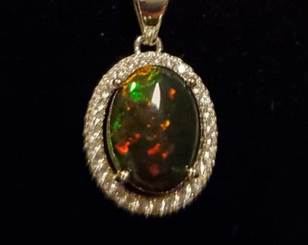 Real Black Opal Halo Necklace, See Fire On Video! 8x10mm Ethiopian Opal,  Dainty 925 Sterling Crystal Halo Pendant, 18" Sterling Chain