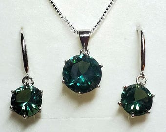 Alexandrite Color-Change Necklace/Earring Set, Watch Video! 10/8mm Round Synthetic 3.6/2.2 Ct Gems, 925 Sterling 6 Prong, 18" Sterling Chain