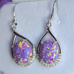 Lavender Purple Opal Earrings, See Video! Pretty 8x10mm Lab Opals, 925 Sterling Silver Dangle Earrings w/CZ Accents In Shell Box