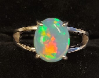 Natural Fire Opal Ring, See Fire On Video! 11x9mm 2 CT Ethiopian Opal, .925 Sterling Split Shank Ring, Size 9. Velvet Box