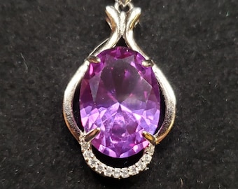 Alexandrite Necklace,  See Video! Simulated 10x14mm Purple-Pink Gem (No Green) 925 Sterling Pendant, CZ Trim, 18" Sterling Chain