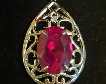 Large Deep Red Ruby Necklace, See Video! 12x16mm Lab Grown Gem, 925 Sterling Filigree Teardrop Pendant w/CZ, 20" Sterling Chain, Velvet Box