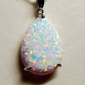 Huge White Pear Opal Necklace, See Video For Fire! 18x25mm Lab Created Opal, 925 Sterling Pendant, 20&quot; Sterling Chain