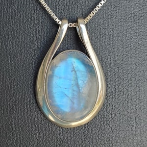 Natural Rainbow Moonstone Necklace, See Flash On Video! 13x18mm Stone, Sleek 925 Sterling Necklace with 20" Sterling Chain