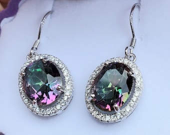 Mystic Topaz Earrings, See Video For Rainbow Sparkle! 8x10mm Genuine Topaz, Crystal Halo 925 Sterling Silver Ear Wire, Velvet Shell Box