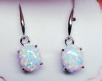 White Opal Earrings Colorful Fire! 8x10mm Sterling Earrings in Velvet Shell Box. 8x10mm Lab Created Opals. 925 Sterling Silver Earrings