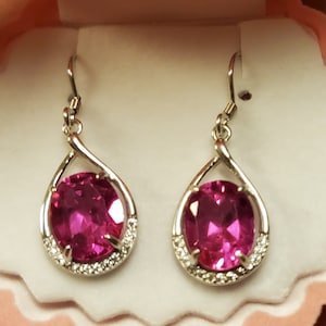 Bright Pink Tourmaline Earrings, See Sparkle On Video! 8x10mm Lab Grown Gems, 925 Sterling Silver CZ Accented Earrings, Shell Box