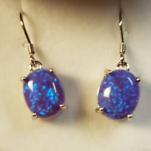 Deep Lavender Purple Opal Earrings, See Video For Blue Flash! 8x10mm Lab Created Opals, 925 Sterling Silver Dangle Earrings, Wire Closure