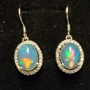 Natural Fire Opal Earrings, Must See Gorgeous Fire On Video! 9x7mm Ethiopian Opals, 925 Sterling Crystal Halo w/Ear Wire Closures, Gift Box