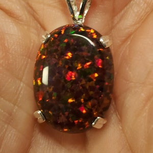 Large Black Cherry Opal Necklace, Must See Cherry Fire On Video 15x20mm Lab Created Opal, Unisex 925 Sterling Pendant, 18 Sterling Chain image 2