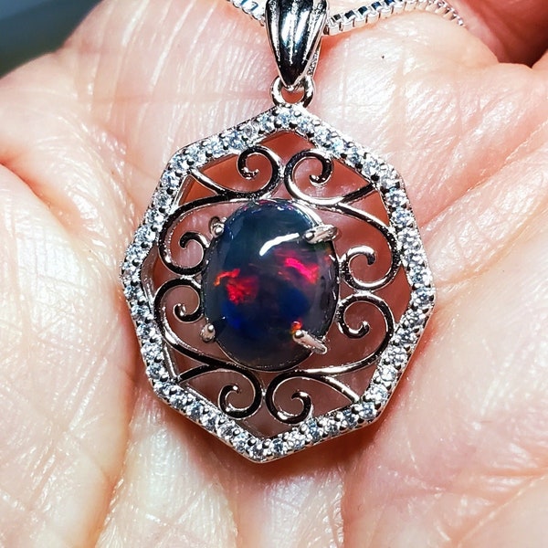 Real Black Opal Filigree Necklace, See Fire On Video! 8x10mm Ethiopian Opal,925 Sterling Filigree Halo Pendant,18" Sterling Chain.Velvet Box