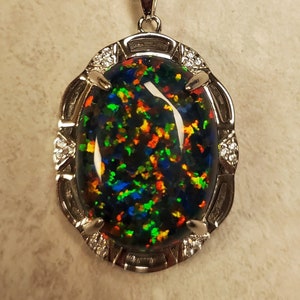 Large Black Opal Necklace, See Colorful Fire On Video! 15x20mm Lab Created Opal, 925 Sterling Art Deco Style Pendant w/20&quot; Sterling Chain
