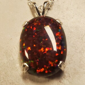 Large Black Cherry Opal Necklace, Must See Cherry Fire On Video 15x20mm Lab Created Opal, Unisex 925 Sterling Pendant, 18 Sterling Chain image 5