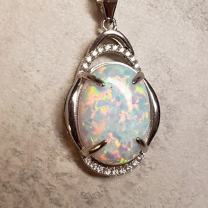 White Opal Necklace, See Video For Multicolored Fire! 12x16mm Lab Opal,Elegant 925 Sterling Silver Pendant w/CZ Accents,Sterling Chain