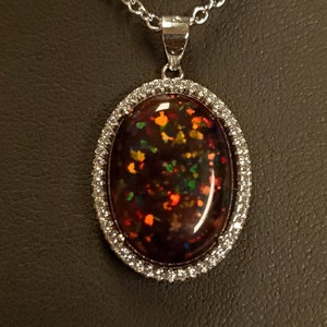 Black Opal Halo Necklace, See Pretty Cherry Fire On Video! Big 13x18mm Lab Created Opal,925 Sterling Crystal Halo Pendant,18" Sterling Chain