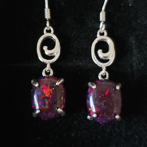 Black Opal Silver Earrings, Cherry Fire 8x10mm Lab Created Opals 925 Sterling Swirl Dangle Ear Wire Closure. Choice of Gift Boxes