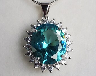 Paraiba Gem Halo Necklace, See Video! 12x14mm Synthetic Lab Created Gem, 925 Sterling Pendant w/ Halo, 18" Sterling Chain