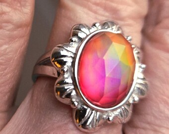 Orange-Pink Aurora Opal Ring, 10x14mm Synthetic Rose Cut Doublet Gem,See Video! Sterling Flower Ring, Size 8. Velvet Ring Box