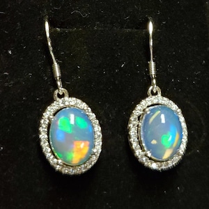 Natural Fire Opal Earrings, Must See Gorgeous Fire On Video! 9x7mm Ethiopian Opals, 925 Sterling CZ Halo w/Ear Wire Closures, Gift Box
