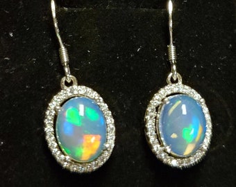 Natural Fire Opal Earrings, Must See Gorgeous Fire On Video! 9x7mm Ethiopian Opals, 925 Sterling CZ Halo w/Ear Wire Closures, Gift Box