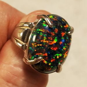 Very Large Black Opal Ring, See Multicolored Fire On Video! 15x20mm Lab Created Opal, Sturdy 925 Sterling Ring, Velvet Ring Box