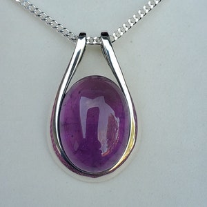 Natural Amethyst Necklace, See Video! Big 13x18mm Genuine Stone Cab,Sleek 925 Sterling Pendant, 20" Sterling Chain