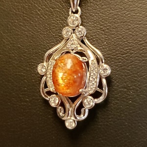 Natural Orange Sunstone Chandelier Necklace,  8x10mm Stone, 925 Sterling Silver Chandelier Necklace w/9+ CZs, 20" Sterling Chain
