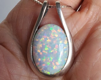 White Fire Opal Necklace, See Rainbow Fire On Video! Large 13x18mm Lab Created Opal Fire, 925 Sterling Silver Pendant w/ 20" Sterling Chain