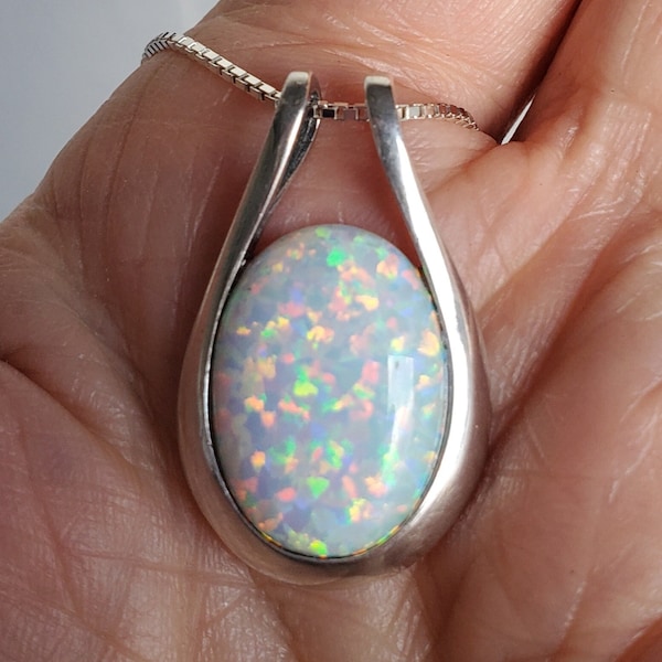 White Fire Opal Necklace, See Video! Large 13x18mm Lab Opal With Multicolored Fire, Sleek 925 Sterling Silver Pendant w/ 20" Sterling Chain