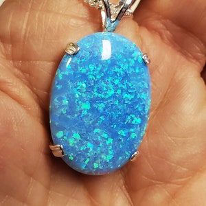 Huge Light Sky Blue Opal Necklace, See Flash On Video! 18x25mm Lab Created Opal, Choice Of 925 Sterling Pendant Styles, 20" Sterling Chain