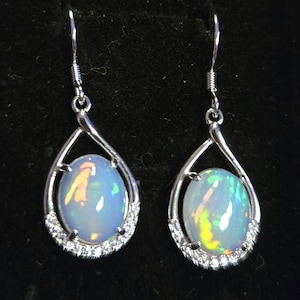 Natural Fire Opal Earrings, See Colorful Flash On Video! 8x10mm Ethiopian Opals, 925 Sterling Teardrop Earrings w/CZ Trim, Ear Wires