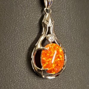 Orange Fire Opal Necklace, See Video! Pretty 8x10mm Lab Created Opal, 925 Sterling Silver Necklace w/ CZ Accent Stone, 18" Sterling Chain