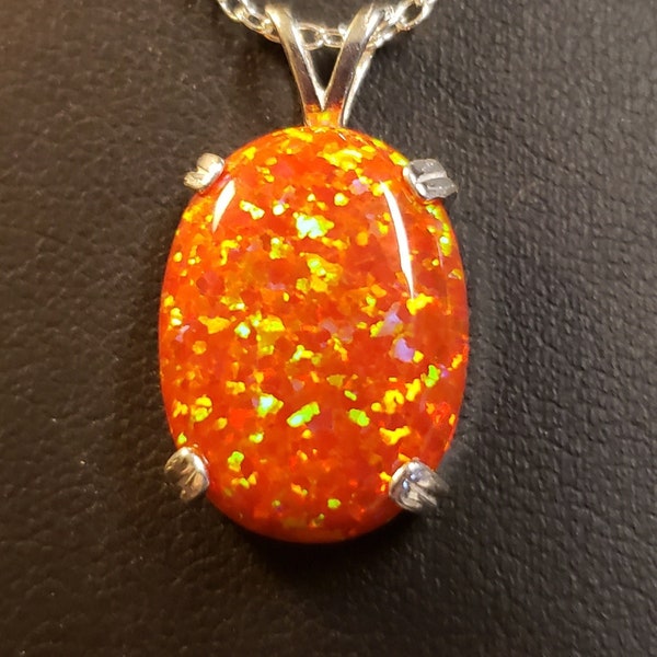 Large Orange Opal Necklace, See Video! Firey Lab Created Opal 15x20mm, 925 Sterling Silver Pendant W/20" Sterling Chain