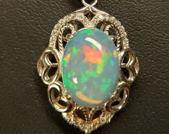 Natural Opal Heart Necklace, See Pretty Flash On Video! 10x14mm 3.75 Ct Ethiopian Opal,925 Sterling Heart Pendant w/CZs, 20" Sterling Chain