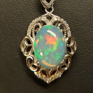 Natural Opal Heart Necklace, See Pretty Flash On Video! 10x14mm 3.75 Ct Ethiopian Opal,925 Sterling Heart Pendant w/CZs, 20" Sterling Chain