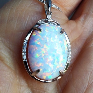 Big White Fire Opal Necklace, See Pretty Fire On Video! 13x18mm Lab Created Opal 925 Sterling Pendant w/CZ Accents, 18" Sterling Chain