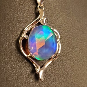 Aurora Opal Necklace, See Amazing Flash On Video! 10x12mm Lab Created Opal, 925 Sterling Silver Leaf Pendant, 18" Sterling Chain