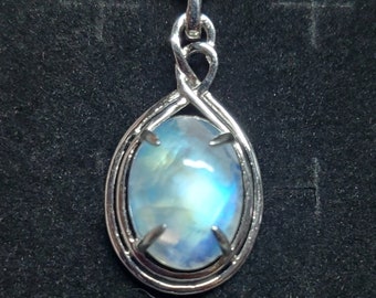 Natural Rainbow Moonstone Necklace, See Pretty Flash On Video! 12x16mm Stone, 925 Sterling Silver Knot Design Pendant, 18" Sterling Chain