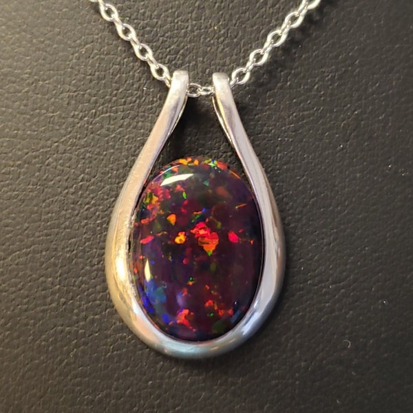 Big Black Opal Necklace, See Cherry Fire On Video!  Lab Created Opal 13x18mm, Sleek 925 Sterling Silver Pendant w/18" Sterling Chain