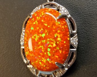 Large Orange Fire Opal Necklace, See Fire On Video! Big 15x20mm Lab Created Opal, 925 Sterling Art Deco Style Pendant w/20" Sterling Chain