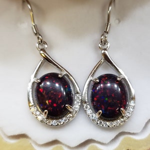 Black Fire Opal Earrings, See Video For Cherry Fire! 8x10mm Lab Created Opals, 925 Sterling Silver w/Crystal Earrings,  Shell Box