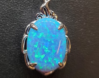 Light Sky Blue Opal Necklace, See Video! 13x18mm Lab Created Opal, 925 Sterling Silver Pendant, 18" Sterling Chain