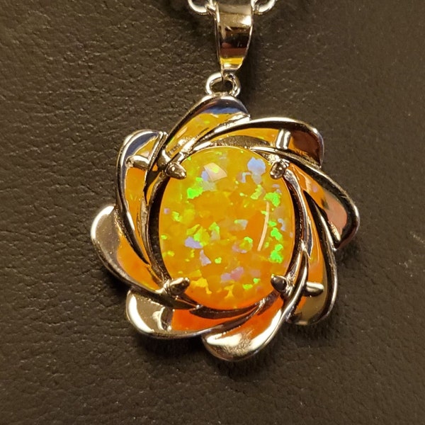 Yellow-Orange Opal Sun Necklace, See Video For Fire! 10x12mm Lab Created Citrine Color Opal, 925 Sterling Unisex Pendant, 18" Sterling Chain