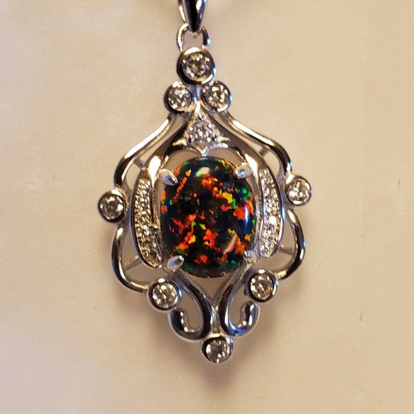 Black Opal Chandelier Necklace, See Video! 8x10 Lab Created Opal, 925 Sterling Silver Chandelier Style Pendant w/9 CZs, 20" SterlingChain