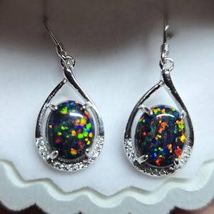 Black Opal Earrings, See Video! Beautiful Colors 8x10mm Lab Created Opals, 925 Sterling Silver Dangle w/CZ Accents in Shell Box