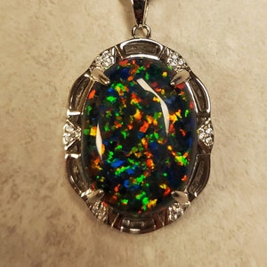 Large Black Opal Necklace, See Colorful Fire On Video! 15x20mm Lab Created Opal, 925 Sterling Art Deco Style Pendant w/20" Sterling Chain