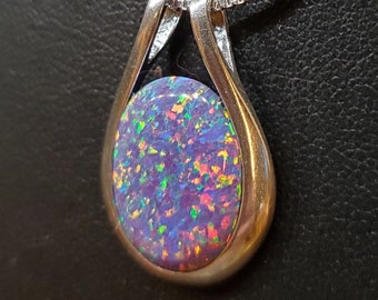 Lavender Purple Opal Silver Necklace, See Fire On Video! Big 13x18mm Lab Created Opal, Sleek 925 Sterling Pendant, 18" Sterling Chain