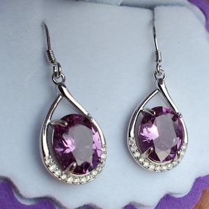 Alexandrite Earrings, See Video! 8x10mm Purple-To-Pinkish(No Green) Synthetic Gem, 925 Sterling Teardrop Earrings CZ Trim, Shell Box