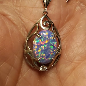 Lavender Purple Opal Necklace, See Video! 10x14mm Lab Created Opal, 925 Sterling Silver Swirl Necklace with 3mm CZ, Sterling Chain